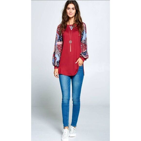 EMERALD Top 3XL Red Rayon Blend Patchwork Long Balloon Sleeve Raglan Blouse EUC - Picture 14 of 14